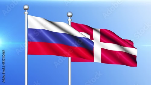 Russia and Denmark National Flag Waving on Pole Loop