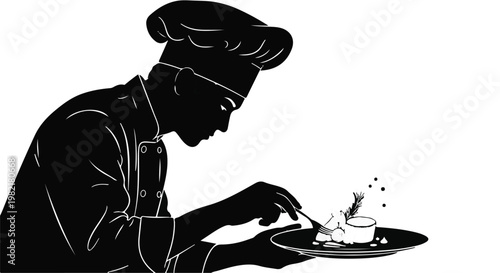 Chef wearing a professional uniform carefully prepares a gourmet meal on a plate, demonstrating culinary skill and artistic precision in a high-end restaurant kitchen culinary work environment.