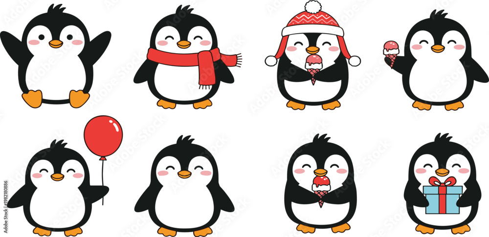 Obraz premium Cute penguin character set vector illustration with winter accessories ice cream balloon and gift for kids designs