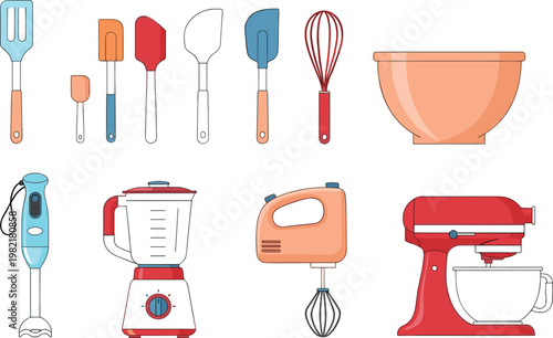 Kitchen Utensils and Appliances Set Including Spatulas, Whisks, Blenders, Mixers, and Bowls for Cooking and Baking