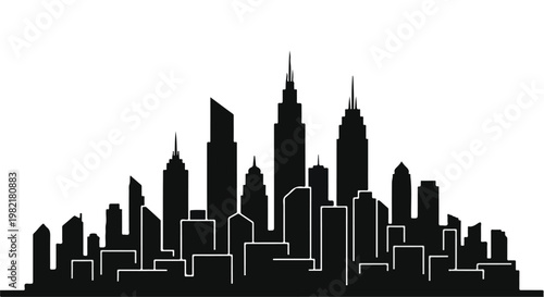 Skyscrapers form a detailed urban skyline silhouette that stands out against a clean white background, providing ample copy space for architectural design projects and city branding concepts.
