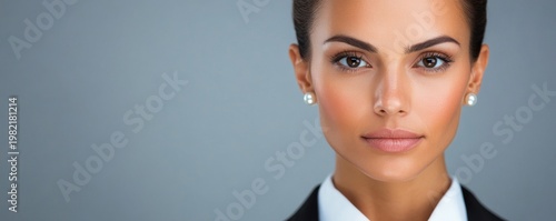 Powerful businesswoman, eye-level headshot, direct gaze, wearing blazer and pearls on right third with grey copy space. Professional, corporate elegance. Leadership, Executive