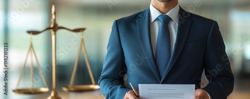 Professional attorney in a blue suit holds a legal document and pen, with blurred scales of justice embodying law, contracts and consultation. lawyer, advocacy