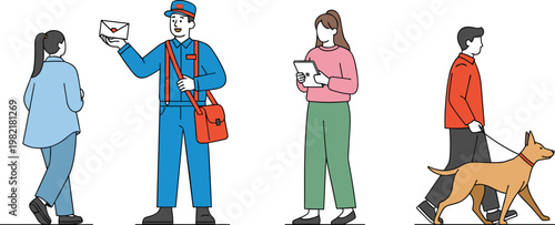 Daily Life People Activities Vector Set Postman Delivery Woman Using Smartphone Walking Dog Urban Lifestyle Flat Character Illustration Collection