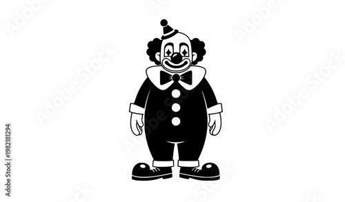 Black and White Clown Character Vector Illustration Front View Minimal Circus Design
