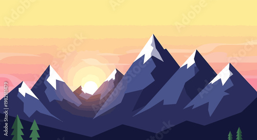Minimalist Flat Design Vector Illustration of Majestic Snow-Capped Mountains and Evergreen Trees for Outdoor Adventure Graphics on Transparent Background