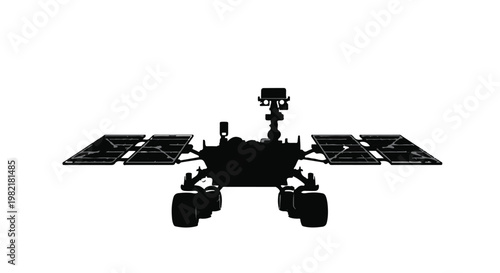 Rover silhouette stands ready for exploration, representing autonomous space vehicle technology and scientific discovery on extraterrestrial terrains in a clean, minimalist graphic illustration style.