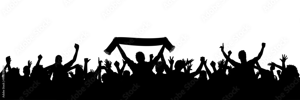 Naklejka premium Crowd of people silhouette, happy cheering group people together with scarf, football fans, cheering crowd on concert or sport event, cheerful fans