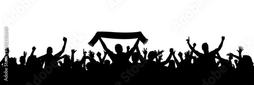 Crowd of people silhouette, happy cheering group people together with scarf, football fans, cheering crowd on concert or sport event, cheerful fans