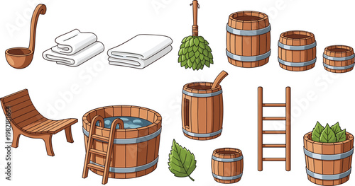 Sauna and Spa Accessories Set Featuring Wooden Barrel, Bucket, Ladle, Towels, Bench, Ladder, and Herbal Broom for Wellness Design
