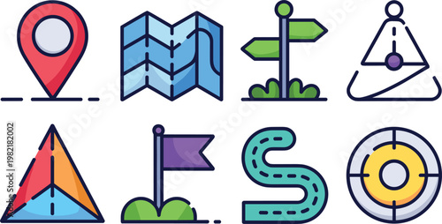 Navigation location map icons set with pin route compass direction target travel symbols vector illustration