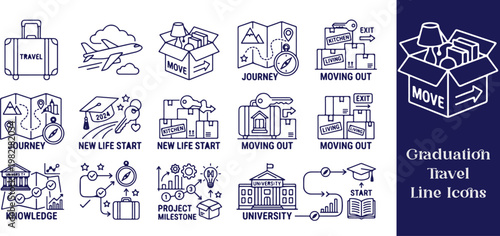 Graduation Travel Line Icons – Moving to New Life