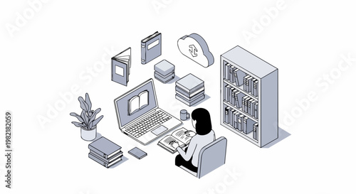Isometric Illustration of Woman Studying with Laptop and Digital Library Cloud Storage for E-learning and Online Education Concept
