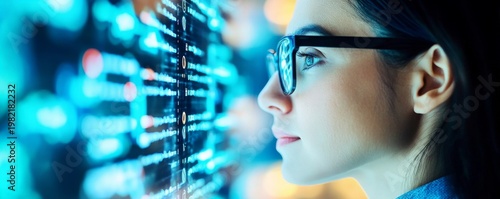Profile close-up of a woman in glasses, intensely focused on a vivid blue digital data screen. Embodying AI, Big Data analysis and future tech insight. Technology, Data