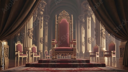 Ornate red velvet throne on a wooden dais in a majestic hall with golden organ pipes