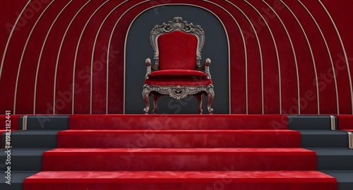 Elegant red royal throne on a stage with a red carpet and arched walls in a grand hall.