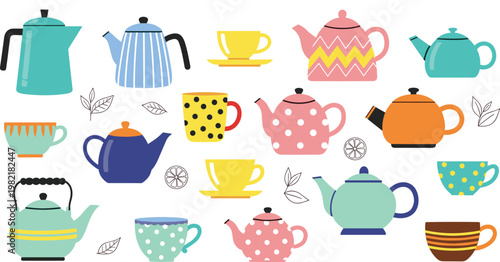 Colorful Teapot and Coffee Cup Collection with Cute Patterned Kitchenware Set for Tea Time Drink Illustration and Home Decor Design
