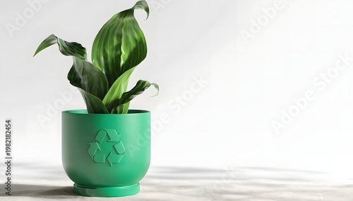 Green houseplant growing in a recycled plastic pot with a recycle symbol on it