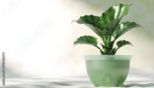 Small green plant growing in a light green pot with a recycling symbol on a white background