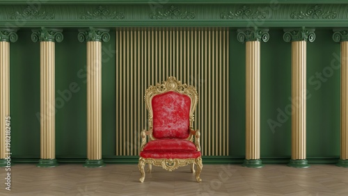 Elegant red and gold throne chair positioned in a grand hall with green pillars and vertical stripes.