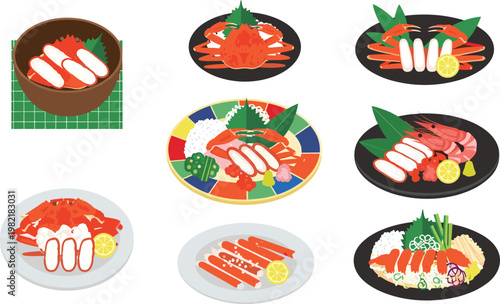 Japanese Sushi and Sashimi Food Set with Assorted Seafood Plates Traditional Asian Cuisine Illustration Collection for Restaurant Menu Design
