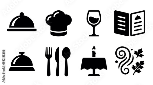 Set of black restaurant and dining icons including food cloche, chef hat, wine glass, menu, bell and cutlery on white, concept for catering services, culinary branding and hospitality management