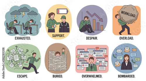 Office workers and corporate managers struggling with professional burnout, heavy workload and mental stress, concept for occupational health, mental support and productivity education