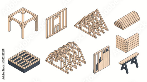 Isometric set of wooden house framing elements including roof trusses, wall studs, floor joists and timber beams, concept for architectural design, home construction and carpentry education