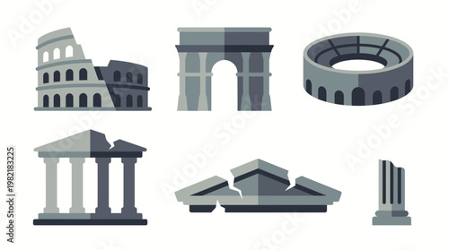 Ancient Roman and Greek architecture ruins icons including Colosseum arch and temple on white background, concept for historical education, travel agency branding and architectural heritage