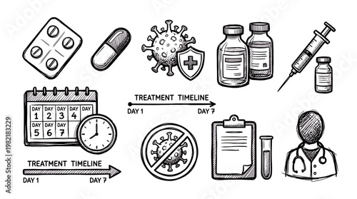 Hand drawn medical doodle icons set with modern doctor, virus, pills, syringe, treatment timeline and clipboard, concept for healthcare education, medical research and pharmacy marketing