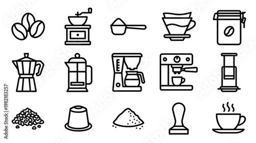 Minimalist black line icons of coffee brewing equipment including espresso machine, manual grinder and moka pot, concept for cafe menu design, barista training and coffee shop branding logo