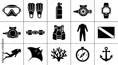 Black scuba diving equipment icons set featuring mask fins tank regulator wetsuit and underwater gear on white background, concept for ocean sports app, diving school and nautical catalog