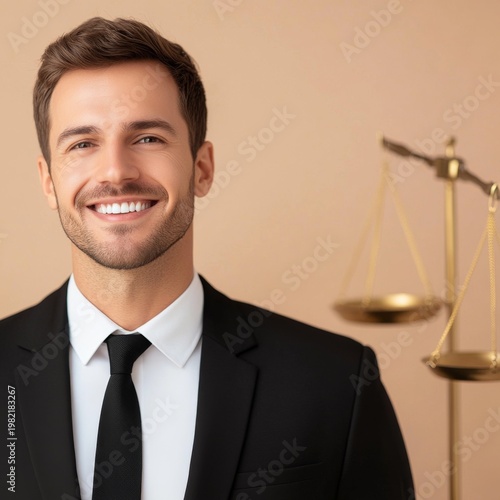 Smiling Lawyer in Black Suit with Scales of Justice Professional, Trustworthy Legal Representation,Attorney, Law