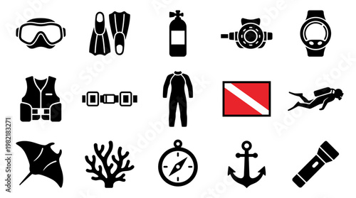 Collection of black flat icons representing scuba diving equipment and underwater sea life on white background, concept for sports graphic design, travel marketing and educational infographic