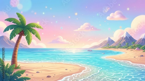Serene Tropical Beach with Palm Trees and Colorful Sky at Dusk in Digital Illustration