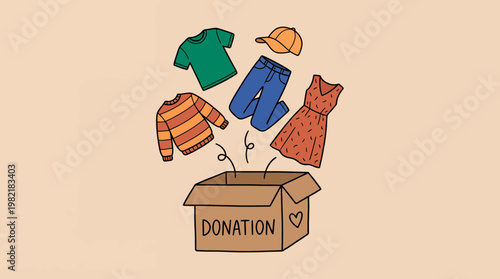 Hand drawn illustration of various clothes like t-shirt and jeans falling into cardboard donation box with heart, concept for charity campaign, social welfare and clothing donation program