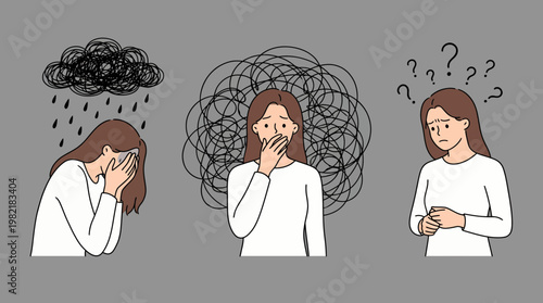 Depressed female manager suffering from mental health issues shown in three emotional states, concept for psychological counseling, burnout awareness and employee mental wellbeing support