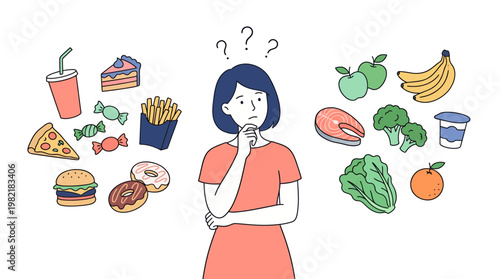 Thoughtful female marketing manager standing between fast food and healthy organic snacks making a difficult diet choice, concept for nutritional balance, healthy lifestyle habit and wellness program