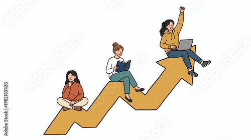Three diverse business analysts sitting on a growing financial arrow while working and learning, concept for career advancement, corporate success and startup growth