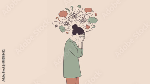 Stressed female marketing manager covering face with chaotic thoughts and mess above head, concept for mental health awareness, workplace burnout prevention and psychological counseling