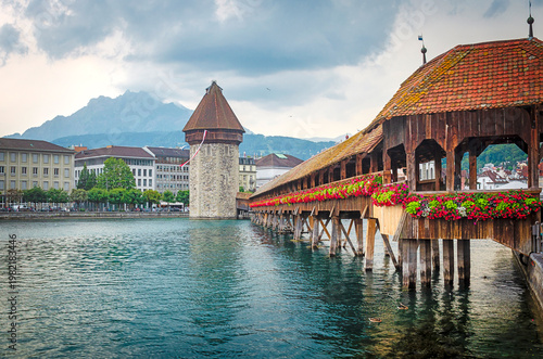 Chapel Bridge (Kapellbrücke) in Lucerne with Mount Pilatus, Switzerland