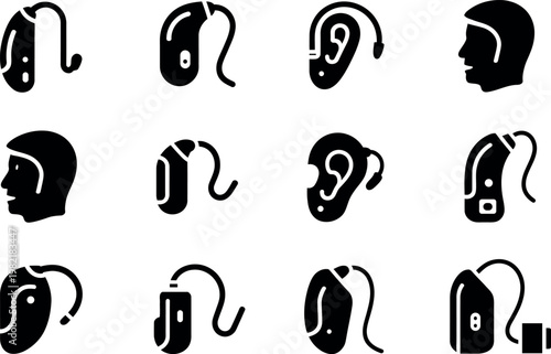 Collection of various hearing aid devices and ear profiles on transparent background