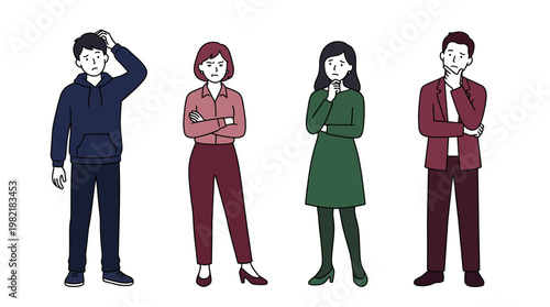 Diversified group of business managers and corporate employees showing frustrated, confused and thoughtful expressions on white background, concept for problem solving, team conflict and work stress