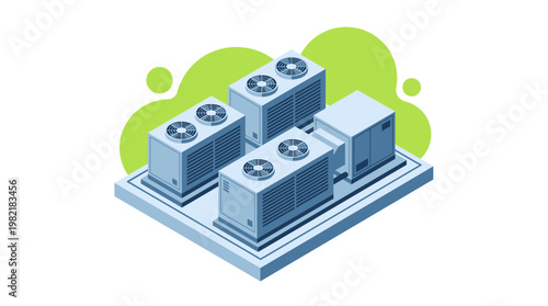 Isometric vector illustration of industrial HVAC air conditioning outdoor units on a platform, concept for building climate control, industrial engineering and energy efficiency