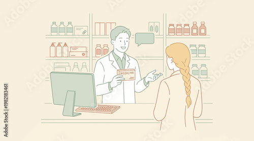 Professional male pharmacist showing medicine box to female customer at drugstore counter with shelves background, concept for healthcare consultation, pharmacy business and medical retail services