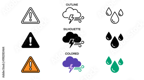 Collection of weather and danger icons showing warning triangles, storm clouds and raindrops in outline, solid and colored styles, concept for forecast apps, alert systems and web design