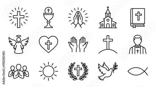 Christian religion and catholic church line icon set including cross, holy bible, priest and dove on white background, concept for spiritual worship, religious education and gospel ministry