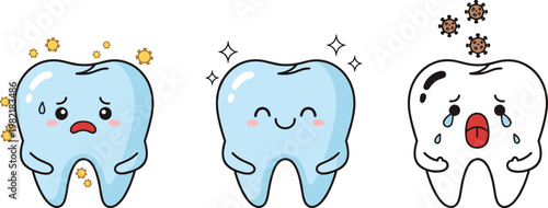 Cute Tooth Cartoon Characters Set with Different Emotions and Expressions Dental Mascot Illustration Collection for Kids Healthcare and Dentistry Design
