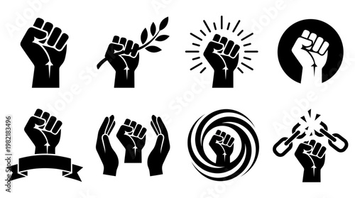 Set of black raised fist icons with peace branch and broken chains on white background, concept for business executive leadership, human rights advocacy and social justice protest movements