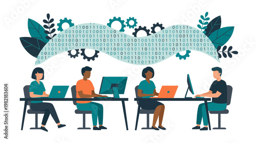 Diverse software engineers and analysts working on computers with binary code and gears background, concept for software development, data processing and digital workflow automation
